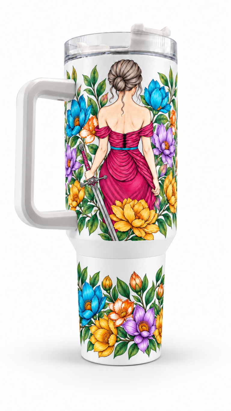 White stainless steel tumbler with handle, featuring an artistic illustration of a woman wearing a pink dress holding a sword, surrounded by colorful flowers in blue, yellow, orange, and purple, with a clear lid on top.