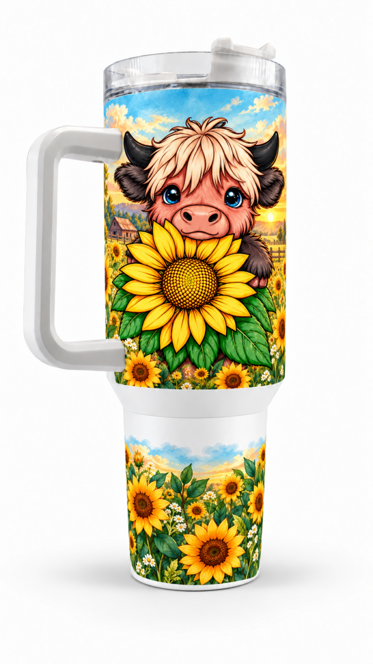 A 40 oz stainless steel tumbler with a white handle and lid, decorated with a colorful illustration of a cute calf holding a large sunflower in a field of sunflowers under a bright sky at sunset.