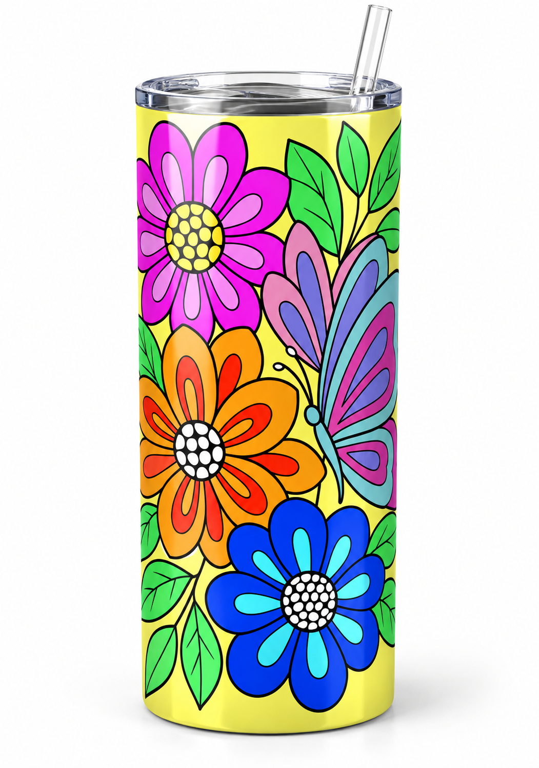 Stainless steel tumbler with bright yellow background decorated with large colorful flowers in pink, orange, and blue with green leaves and a blue-purple butterfly, topped by a clear lid and straw.
