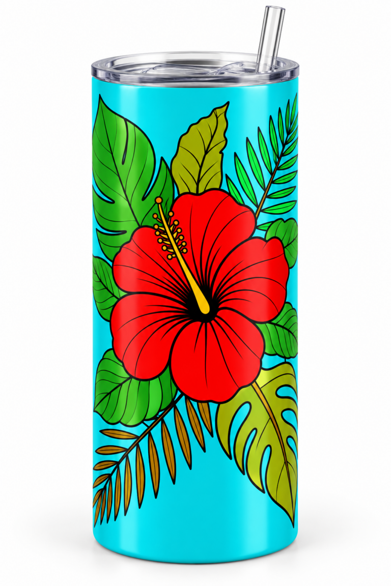 Tall turquoise stainless steel tumbler decorated with a large red hibiscus flower and green tropical leaves, topped with a clear lid and straw.