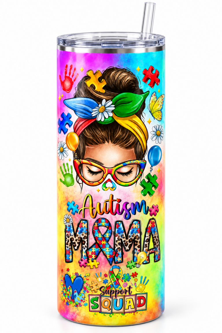 Stainless steel tumbler with colorful autism awareness design featuring a woman with rainbow glasses and headband, puzzle pieces, balloons, flowers, and the text 'Autism MOM Support Squad'.