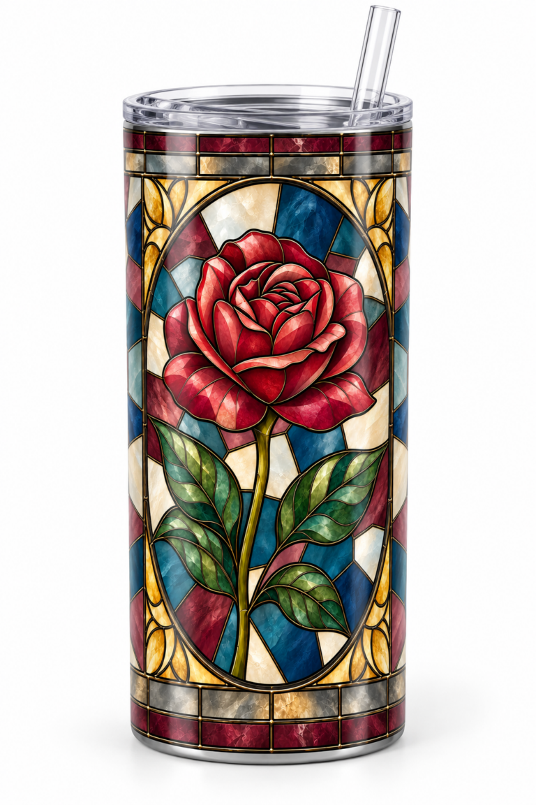 20oz stainless steel tumbler decorated with a colorful stained glass style red rose and green leaves surrounded by geometric multicolor panels, with clear lid and straw.