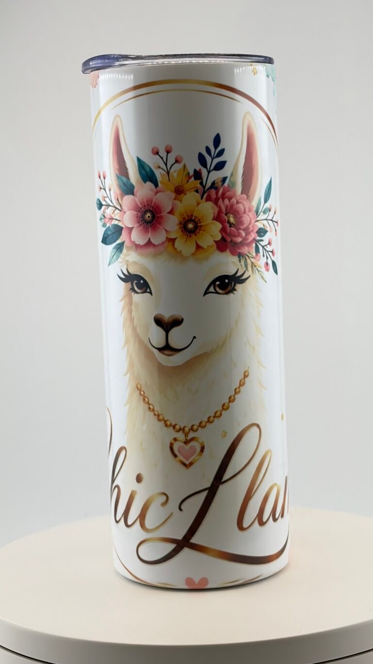 White 20oz stainless steel tumbler featuring a smiling llama wearing a colorful flower crown and gold heart necklace, with elegant gold lettering reading Chic Llama. The tumbler has a clear plastic lid.