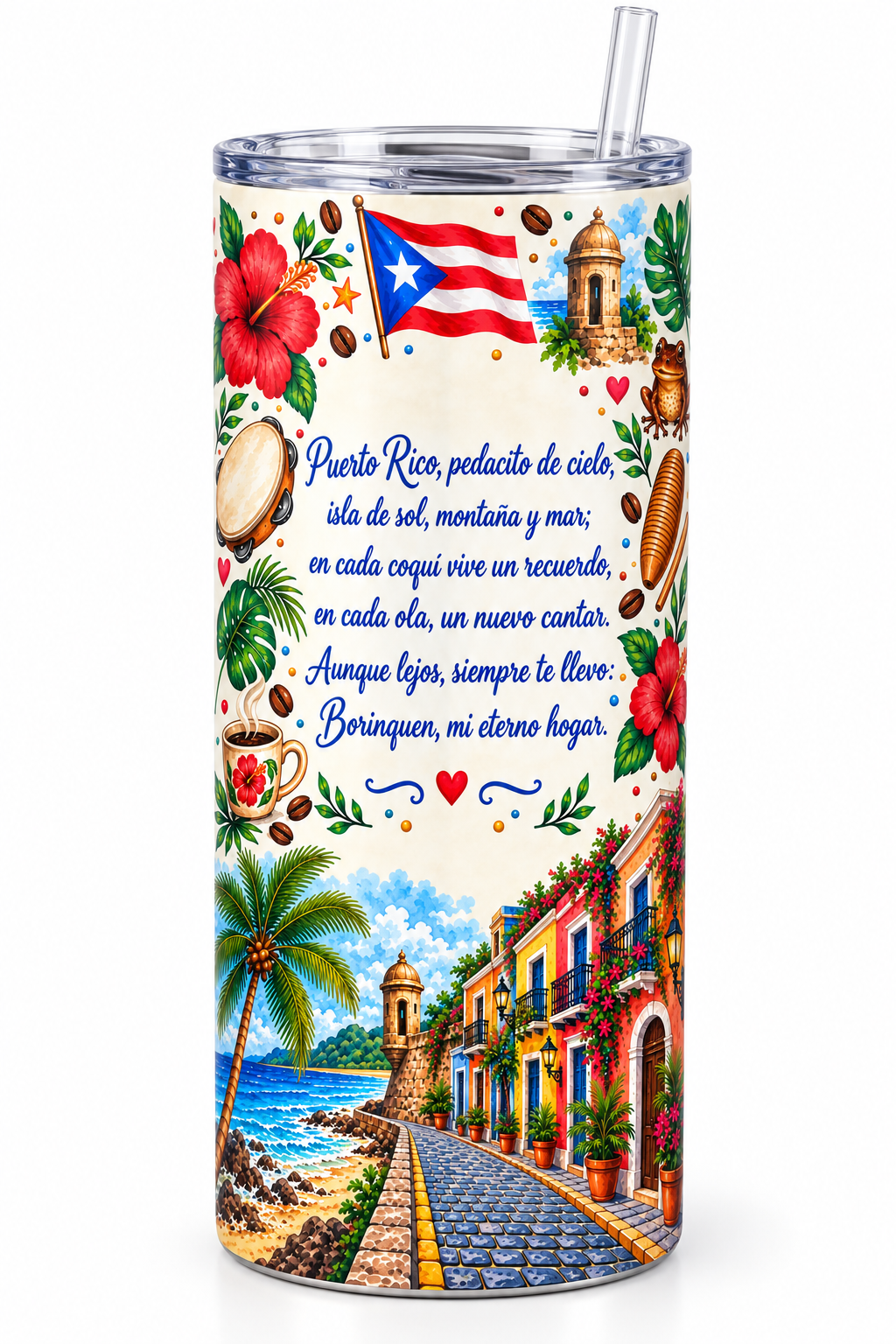 20oz stainless steel tumbler with a colorful Puerto Rico design featuring the island flag, tropical flowers, musical instruments, coqui frog, and a Spanish poem, topped with a clear lid and straw.
