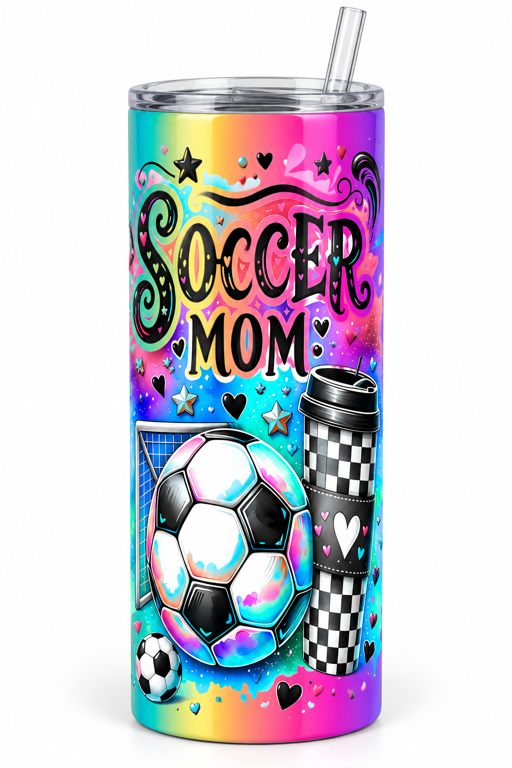 Brightly colored stainless steel tumbler featuring the words 'Soccer Mom' surrounded by soccer balls, a goal, a checkered coffee cup, hearts, and stars on a rainbow background, topped with a clear lid and straw.