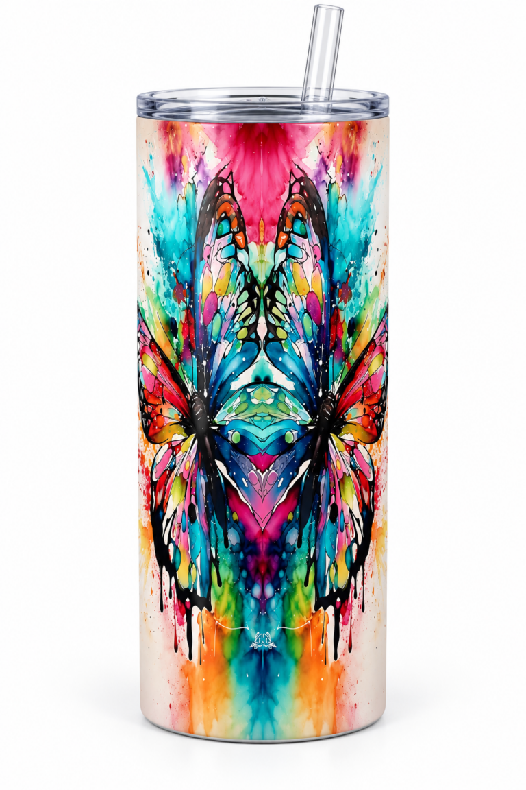 Tall stainless steel tumbler decorated with a colorful, watercolor-style butterfly design showcasing vivid blues, pinks, oranges, and greens, with a clear lid and straw.