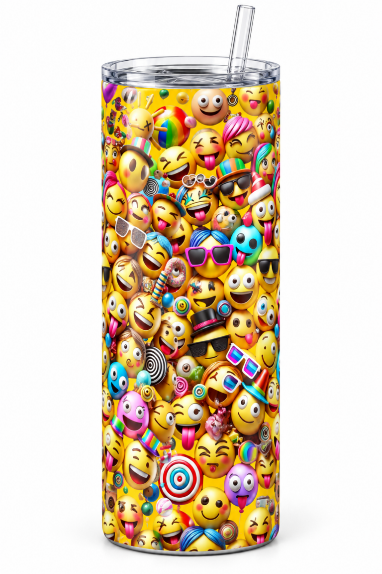 Tall stainless steel tumbler covered in a lively emoji party pattern with many colorful, expressive emoji faces wearing hats, glasses, and sticking tongues out. It has a clear lid and a clear straw.