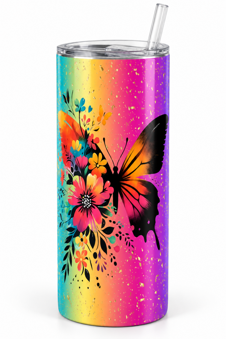 Stainless steel tumbler with vibrant rainbow gradient background featuring a large black and orange butterfly surrounded by colorful flowers, gold fleck accents, and a clear lid with straw.