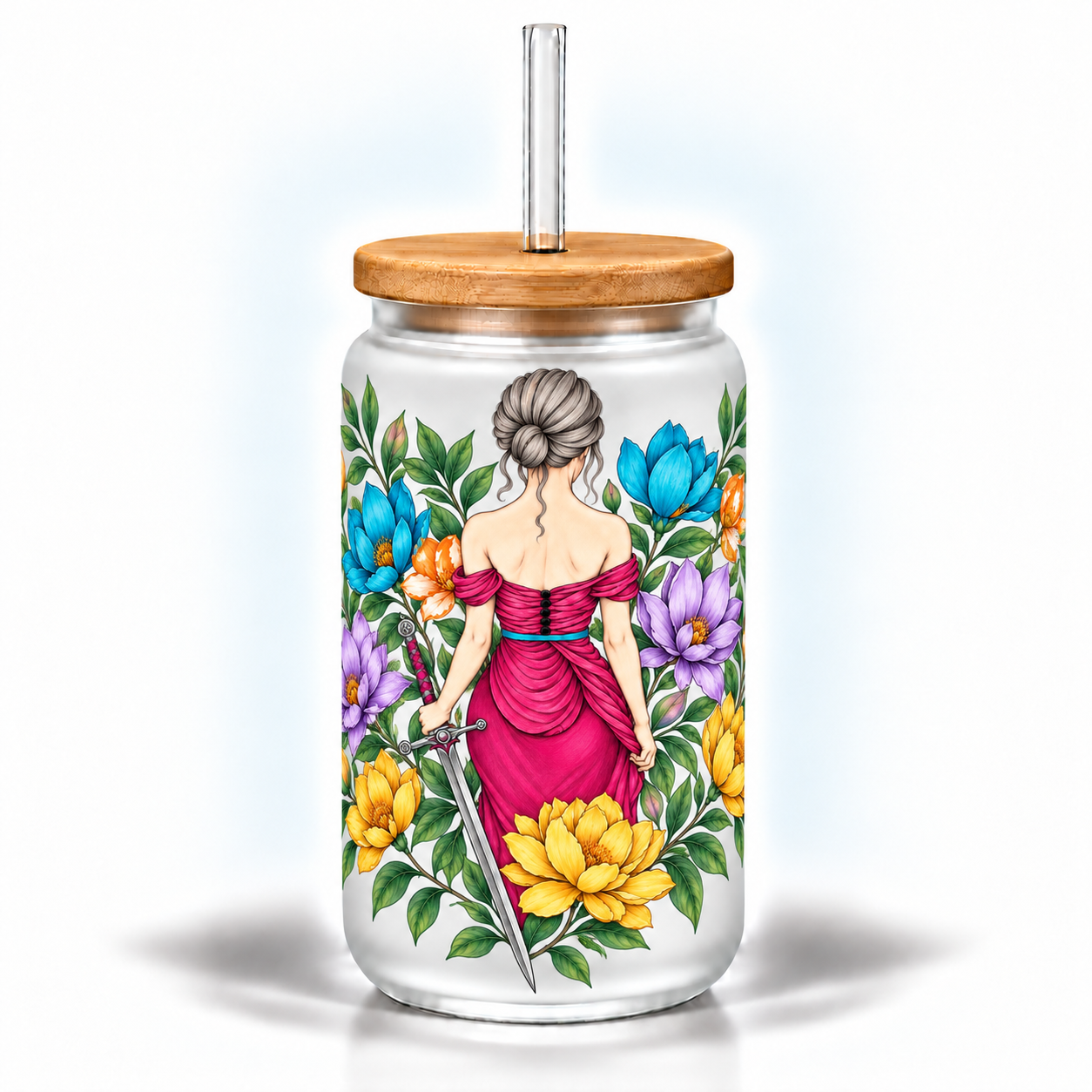 Clear glass mason jar with bamboo lid and glass straw, featuring illustration of a woman in a pink dress holding a sword surrounded by colorful flowers.