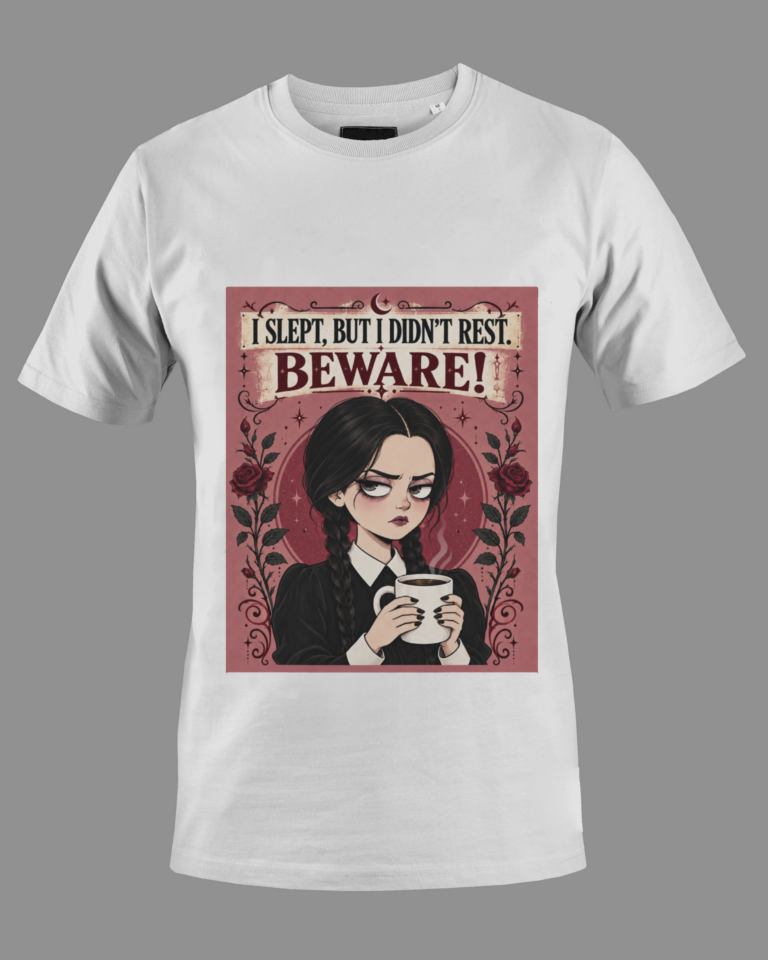 White shirt featuring a graphic of a gothic-styled girl with braided hair holding a steaming coffee mug, surrounded by red roses and decorative swirls, with the text 'I slept, but I didn't rest. Beware!' above her on a muted rose background.