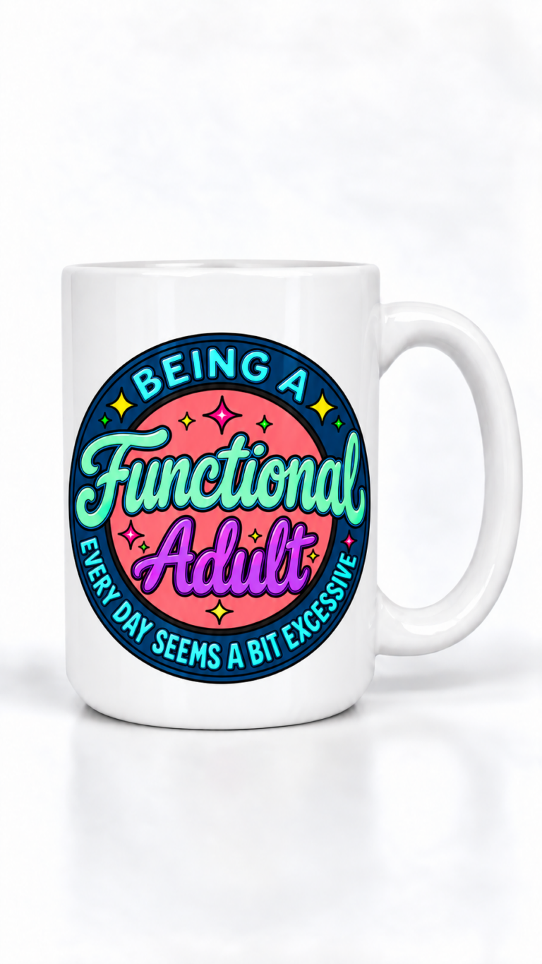 White ceramic mug showing a colorful circular design that reads 'Being a Functional Adult Every Day Seems a Bit Excessive' in vibrant teal, pink, purple, yellow, blue, and coral colors
