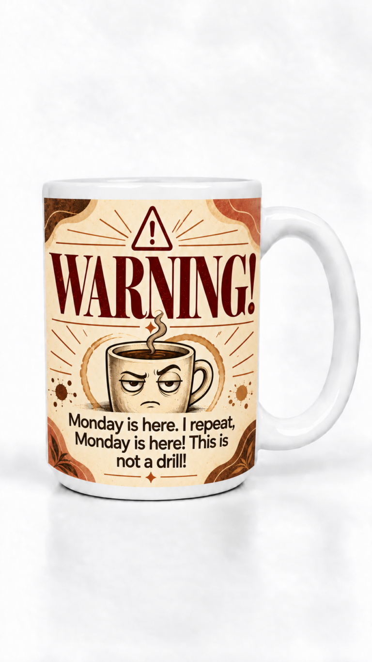 White ceramic coffee mug featuring a beige label with large maroon text 'WARNING!' and a grumpy steaming coffee cup illustration, plus text saying Monday is here. I repeat, Monday is here! This is not a drill!