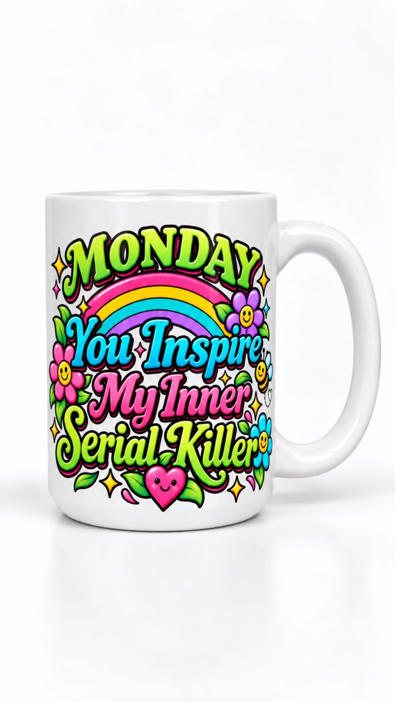 White ceramic mug with bright colorful text 'Monday You Inspire My Inner Serial Killer' surrounded by a rainbow, smiling flowers, and heart illustrations.
