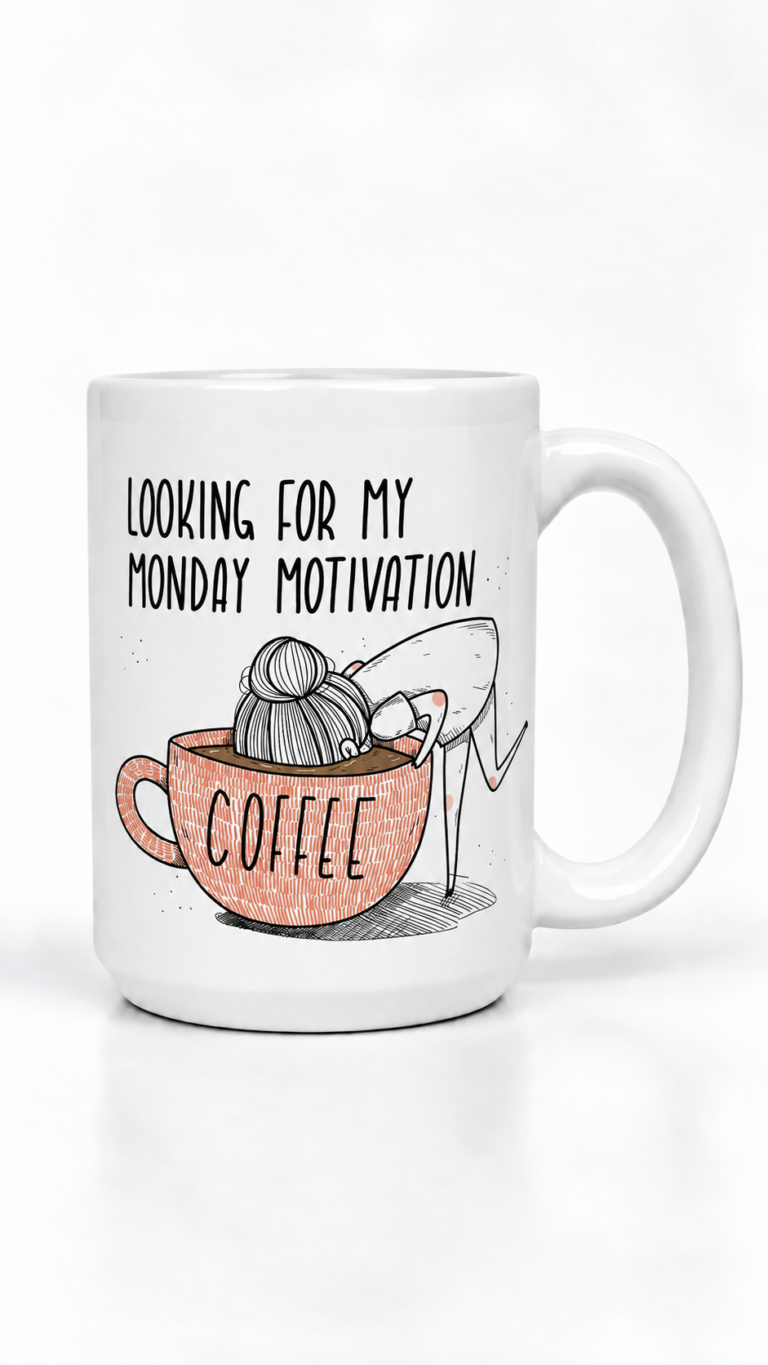 White ceramic mug with black handwritten text saying 'Looking for my Monday Motivation' above an illustration of a woman leaning into a large orange coffee cup labeled 'Coffee'.