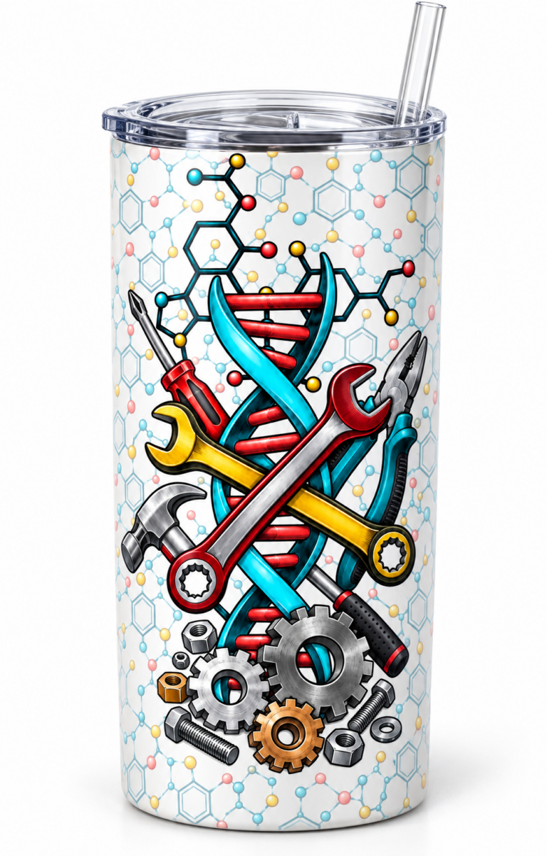 Stainless steel tumbler with a colorful design showing a DNA double helix, crossed red wrench and yellow screwdriver, hammer, pliers, gears, bolts, and molecular patterns in pastel colors, topped with clear lid and straw.