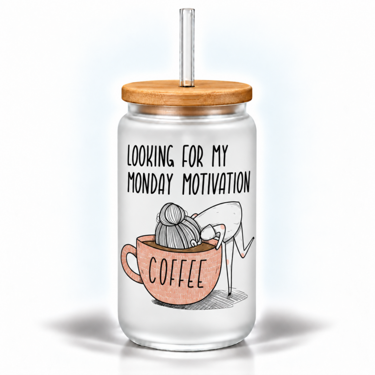 16 oz Glass Mason Jar with Bamboo Lid and Straw - Monday Motivation Coffee Design