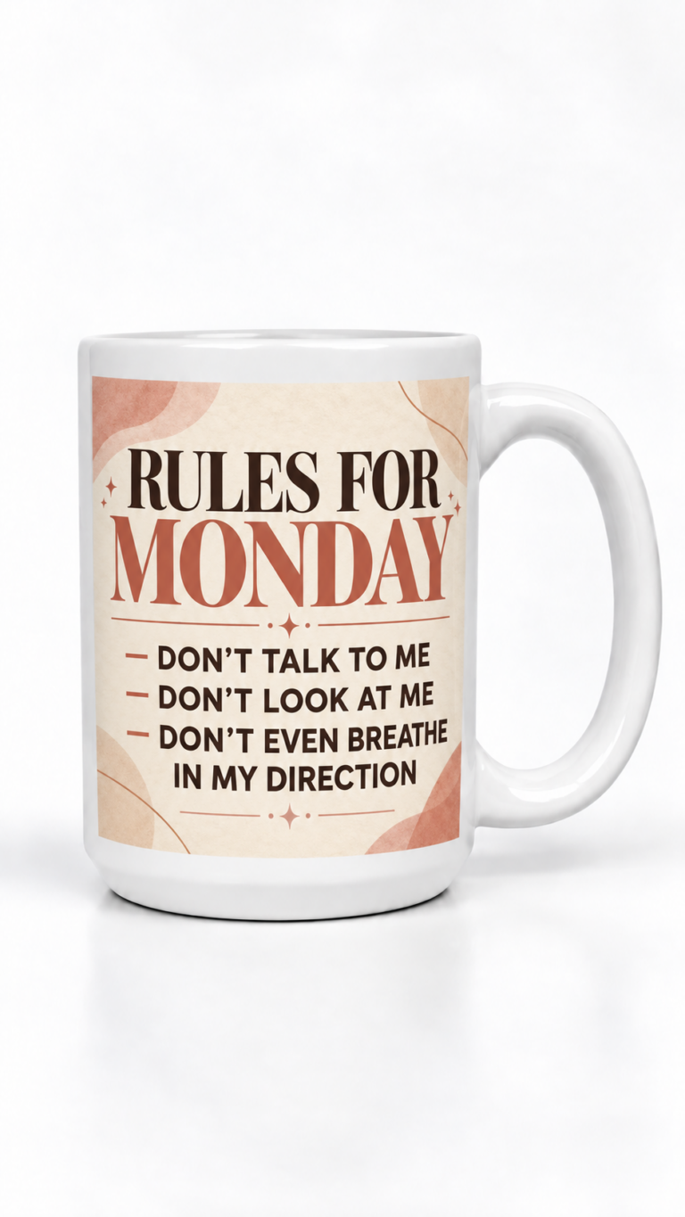White ceramic mug with warm beige and brown design stating 'Rules For Monday - Don't Talk to Me, Don't Look at Me, Don't Even Breathe in My Direction' in bold typography
