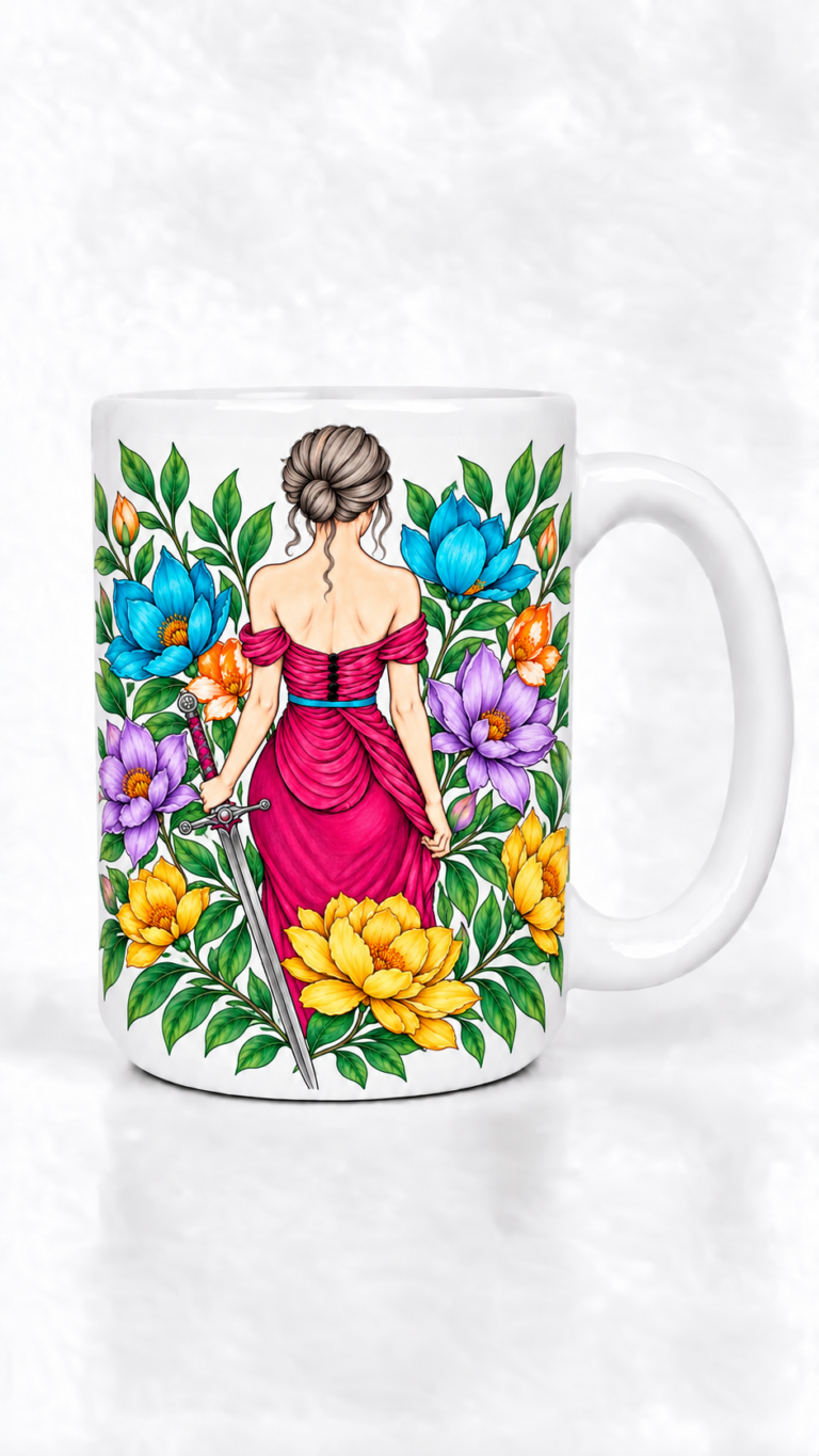 White ceramic mug with a colorful illustration of a woman in a red dress holding a sword, surrounded by vibrant blue, purple, yellow, and orange flowers with green leaves.
