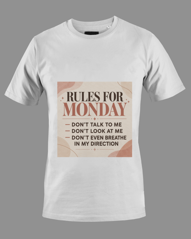 White short-sleeve shirt with a square graphic in warm beige and brown tones reading 'RULES FOR MONDAY - Don't talk to me - Don't look at me - Don't even breathe in my direction'