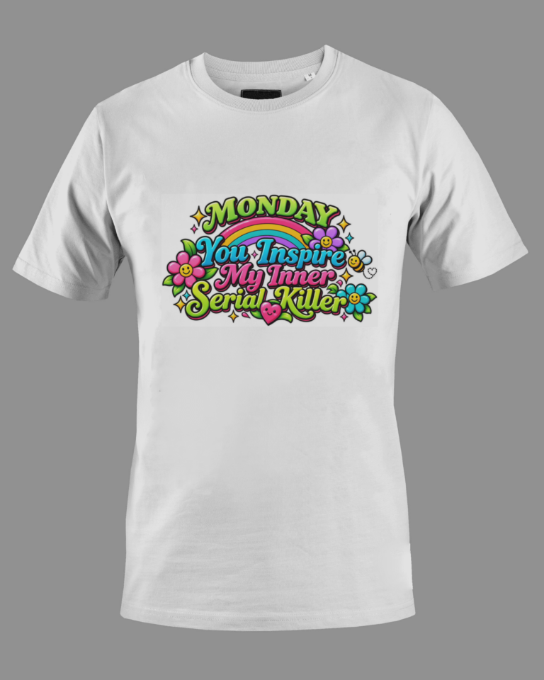 White shirt with colorful graphic text saying 'Monday You Inspire My Inner Serial Killer' surrounded by smiling flowers, a rainbow, and bees.